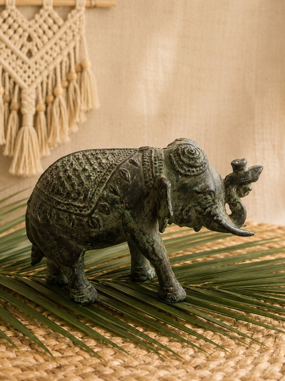 Vintage Cast Metal Elephant Figurine Verdigris Patina Boho Decor